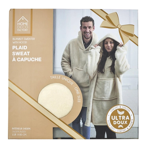 Bluzo deka s kapucí Intesi béžová teplá deka na gauč do obýváku 120x80 cm