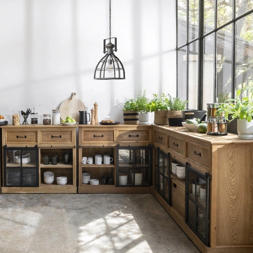 Industriální komoda Danik se sklem, dřevěná komoda do obýváku a ložnice 94 cm Atmosphera