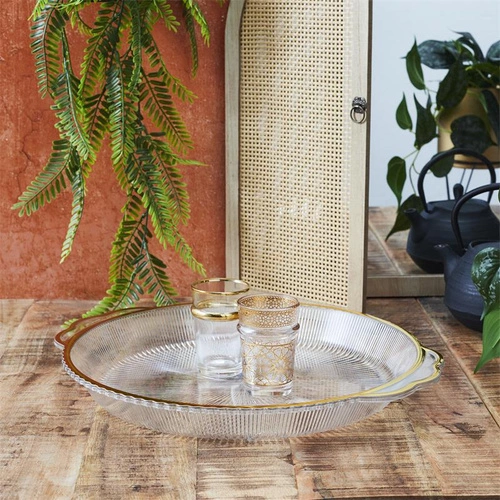 Oválný dekorativní podnos Mirage 38,5 cm transparentní se zlatým okrajem Intesi na servírování