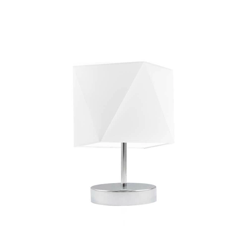 Noční lampička do ložnice PASADENA moderní bílá s textilním stínidlem na chromované konstrukci LYSNE
