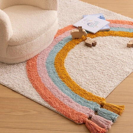 Béžový bavlněný boho koberec Rainbow 100x150 do dětského pokoje