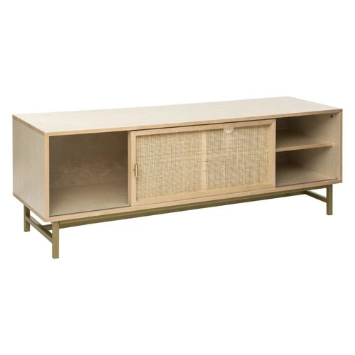 Dřevěný TV stolek Rayo 140 cm boho ratanový s policemi volně stojící do obýváku Atmosphera