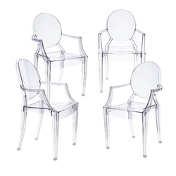 Sada 4 průhledných jídelních a obývacích židlí s područkami Royal