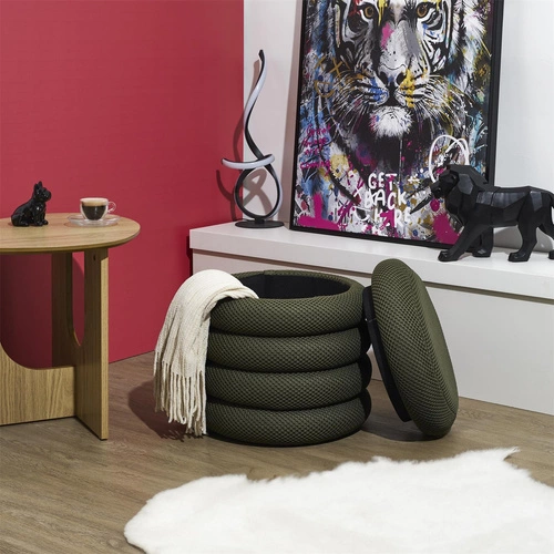 Okrúhlý čalouněný taburet s úložným prostorem Atom khaki do obýváku a ložnice 42 cm