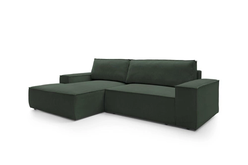 Rohová sametová rozkládací pohovka Molde M levá zelená s úložným prostorem do obývacího pokoje