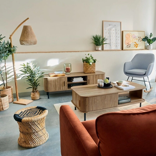 Stojací lampa boho Palm Atmosphera přírodní dřevěná do obýváku s bambusovým stínidlem