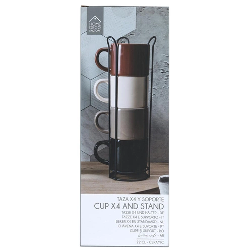 Sada 4 keramických hrnků Japandi na stojanu Intesi na kávu a čaj multicolor