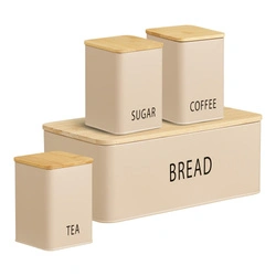 Sada chlebník a 3 dózy Tula béžová kovová a bambusová do kuchyně