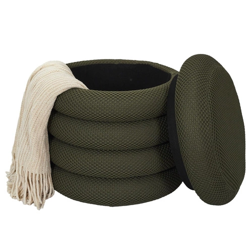 Okrúhlý čalouněný taburet s úložným prostorem Atom khaki do obýváku a ložnice 42 cm