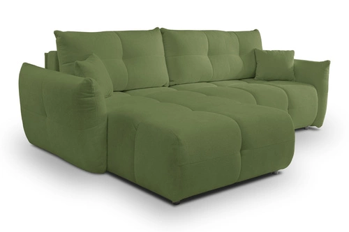 Moderní zelená rohová pohovka s rozkladem a úložným prostorem Bode levá do obýváku