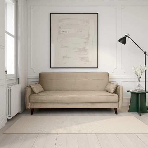 Rozkládací trojmístná pohovka Izoria béžová vintage do obýváku s úložným prostorem na lůžkoviny