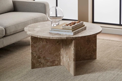 Moderní kulatý mramorový konferenční stolek Vega hnědý 90 cm do obýváku Actona