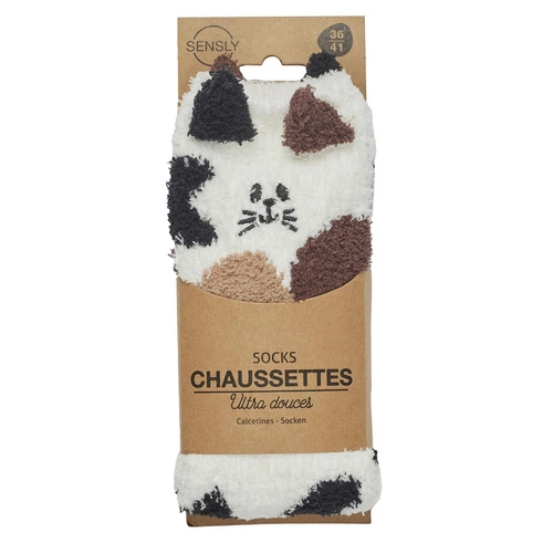Plyšové ponožky Intesi Kočka hnědo-bílé univerzální měkké a teplé na doma