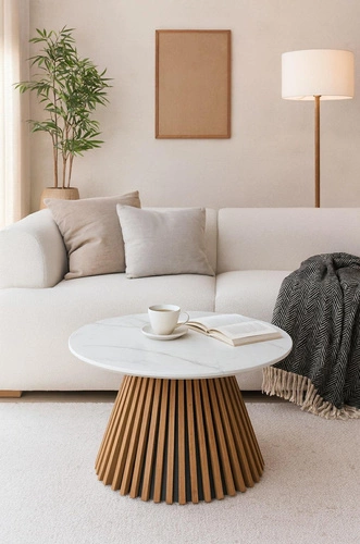 Konferenční stolek Kyoto kulatý 80 cm bílý mramor dub moderní do obýváku skandinávský Intesi