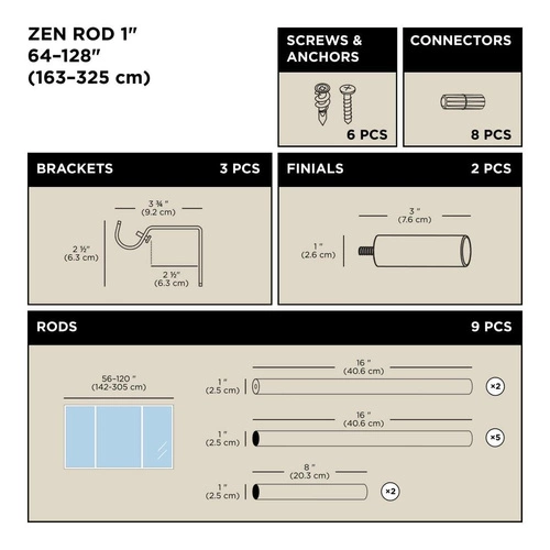 Jednoduchá garnýž Zen Umbra moderní stříbrná nastavitelná do obýváku a ložnice 162–325 cm
