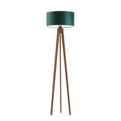 Stojací lampa do obýváku glamour Miami tripod s textilním stínidlem lahvově zelená mahagonové dřevo