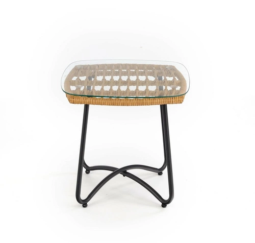 Konferenční stolek Surabaya čtvercový boho ratanový se skleněnou deskou černý do obýváku 51x51 cm