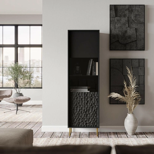 Moderní černá vitrína na knihy se skleněnými dvířky a policemi do obývacího pokoje Afir Intesi