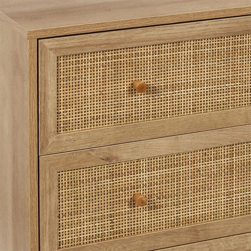 Komoda Bali boho s pleteným čelem, 3 zásuvky, hnědá, komoda do obýváku 90 cm Intesi