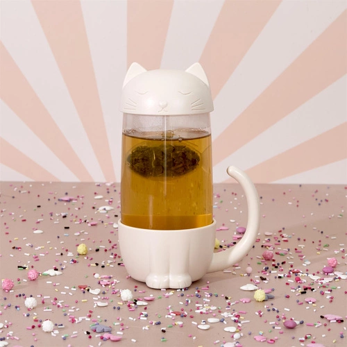 Skleněný hrnek Kawaii s filtrem kočička s rybičkou 300ml na čaj Intesi moderní