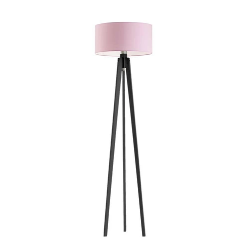 Stojací lampa do obýváku glamour Miami trojnožka s růžovým stínidlem a dřevěnou základnou