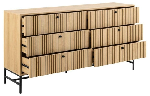 Komoda Albany moderní drásaná dub přírodní 158 cm 6 zásuvek na nožkách do obýváku Actona