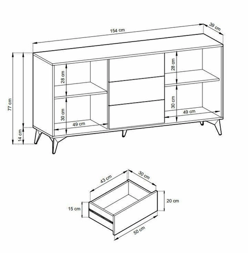 Komoda Fargo 154 cm moderní s zásuvkami na nožkách do obýváku dub a černá Intesi