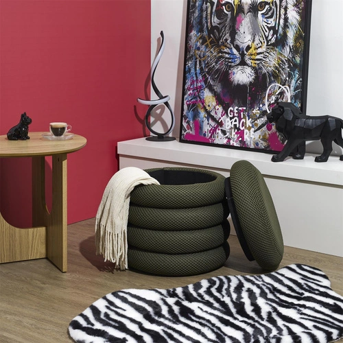 Okrúhlý čalouněný taburet s úložným prostorem Atom khaki do obýváku a ložnice 42 cm