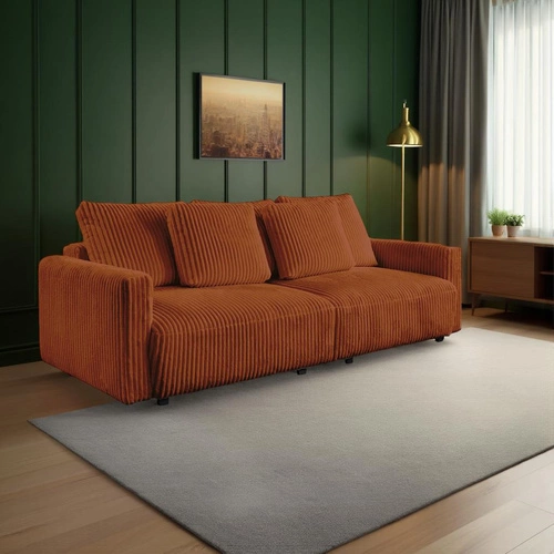 Rozkládací pohovka s funkcí spaní Loppie manšestrová terakota do obýváku moderní