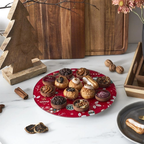 Intesi kulatá otočná skleněná servírovací tác na dort červená 28 cm dekorativní