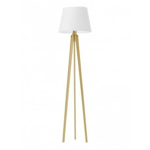 Moderní bílá stojací lampa s látkovým stínidlem a dřevěnou konstrukcí do obýváku Curacao Lysne
