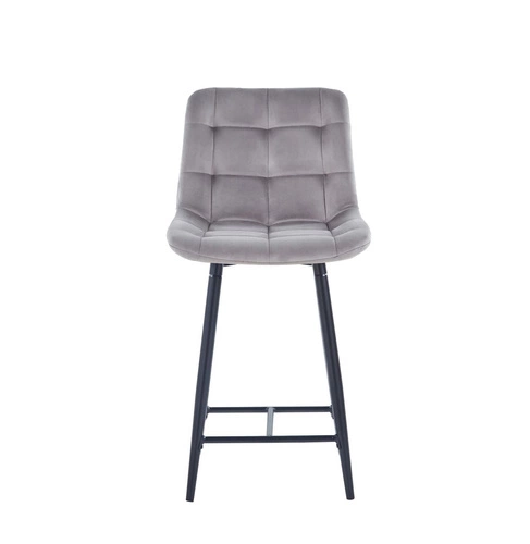 Barová židle Poly Low šedá sametová s opěrkou moderní prošívaná na černých nohách 61 cm