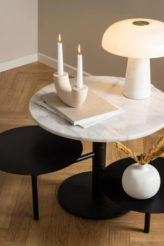 Kulatý konferenční stolek Lahti bílý mramor a černý kov moderní 3úrovňový do obýváku