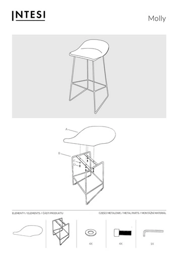 Barová židle Molly černá 75 cm moderní s opěrkou do kuchyně a k ostrůvku Intesi