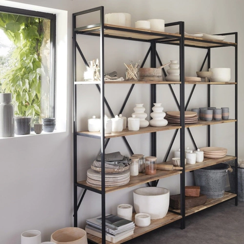 Industriální knihovna Edena Atmosphera černá kovová s akáciovými policemi 180 cm