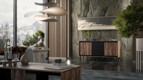 Moderní komoda Miri ořechová s černými detaily na nožkách 150 cm do obýváku Intesi