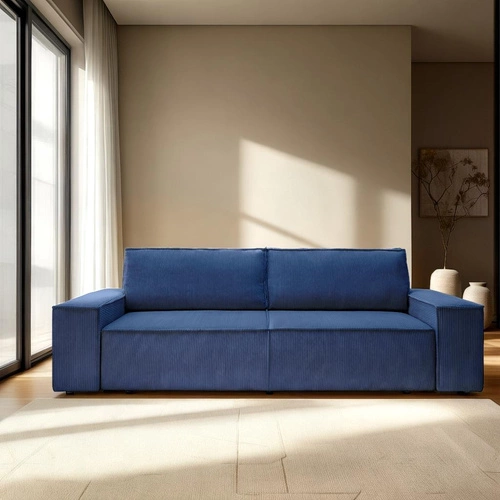 Rozkládací pohovka s úložným prostorem Molde modrý manšestr 3místná na spaní do obýváku