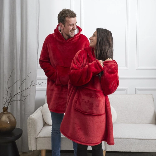 Intesi Snuddie deka s rukávy teplá červená do obýváku útulná na zimu