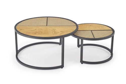 Sada 2 kulatých konferenčních stolků Namiga boho ratan dub zlatý a černý do obýváku 2v1