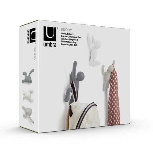 Moderní nástěnný věšák do předsíně Umbra Buddy šedý sada 3 háčků