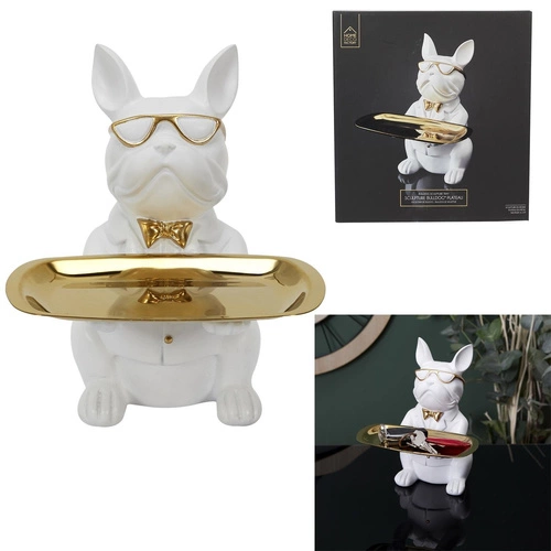 Dekorační figurka buldočka bílý se zlatým tácem Intesi do obýváku ve stylu glamour