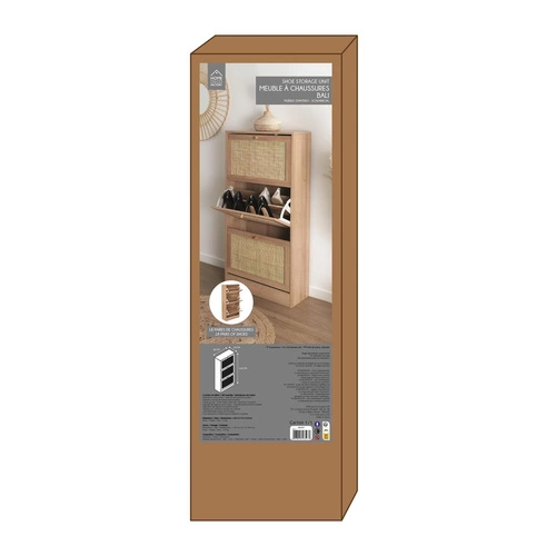 Vysoká přírodní botníková skříň Bali se třemi policemi a ratanovými boho dvířky