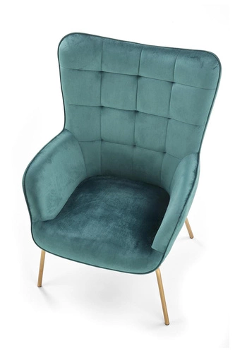 Moderní zelené křeslo ušák Cabres do obýváku s područkami na zlatých nohách