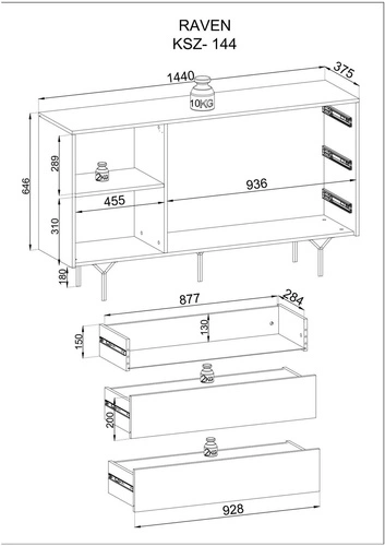Černá komoda Navara 144 cm moderní se zásuvkami na nožkách do obýváku a ložnice Intesi
