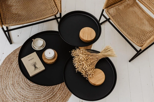 Kulatý konferenční stolek TYK 430 dubový s černou ocelovou deskou moderní do obýváku NORDIFRA