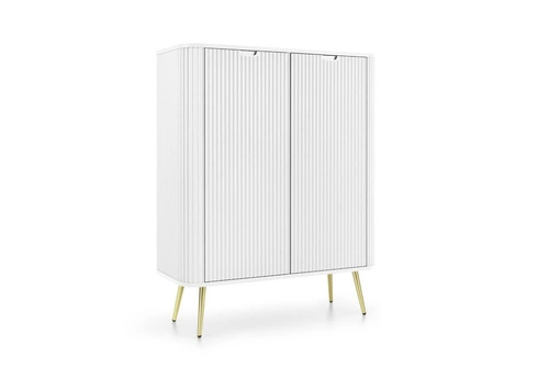 Vysoká bílá komoda Seda na zlatých nohách moderní s policemi do obýváku Intesi 129 cm