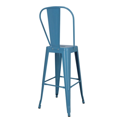 Barová židle Paris Back 75 cm modrá kovová s opěrkou do kuchyně a k ostrůvku loftová