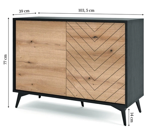 Loftová komoda Fargo s černým moderním designem, na nožkách, vzor rybí kost, 104 cm do obýváku