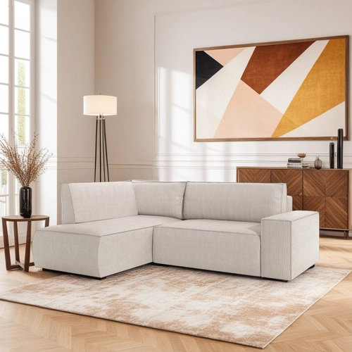 Rohová rozkládací pohovka Molde L levá manšestrová béžová do obýváku s úložným prostorem