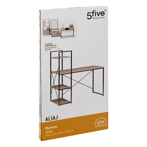 Pracovní stůl loftový Aliaj s policemi přírodní dub a černý kov do pracovny nebo studentského pokoje